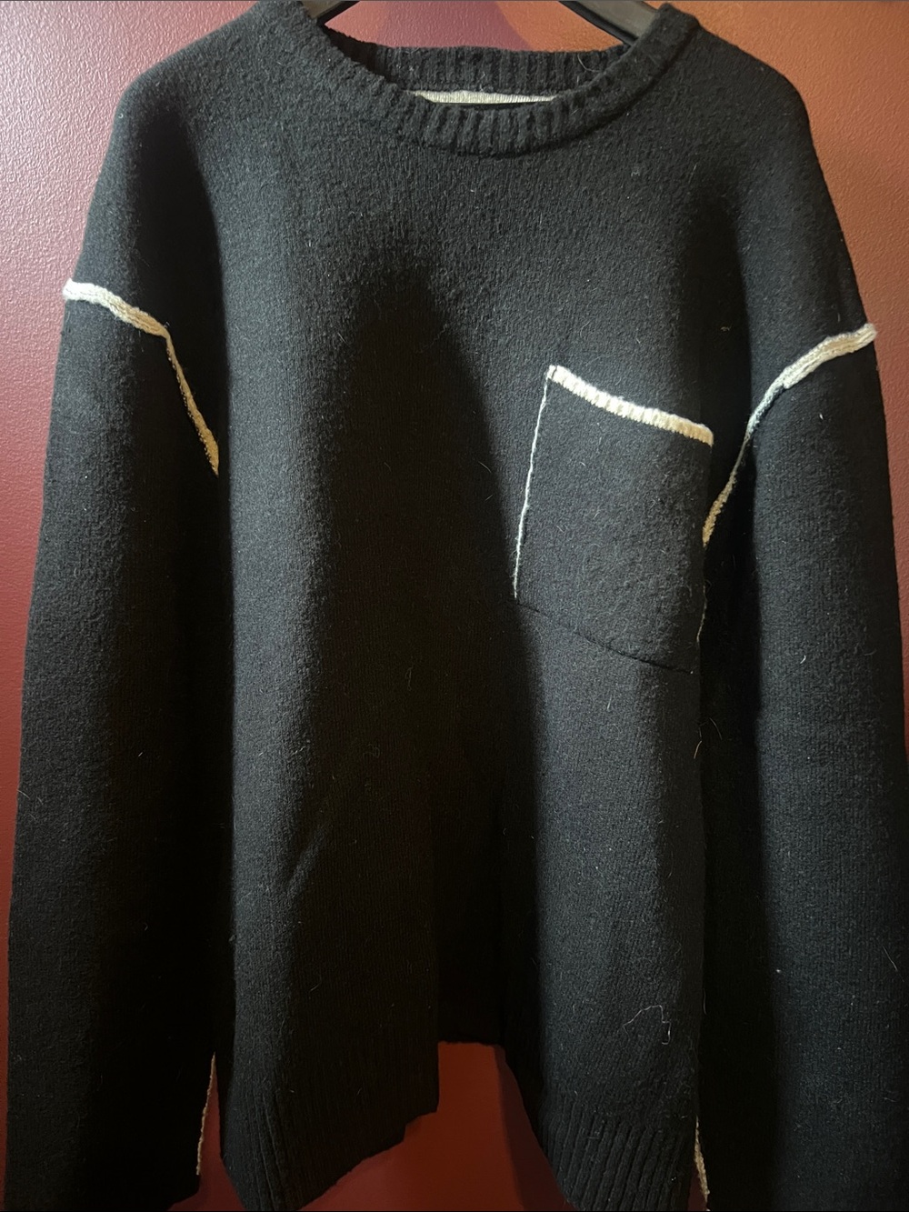 OAK + FORT Black Crewneck Sweater with Cream Contrast Trim